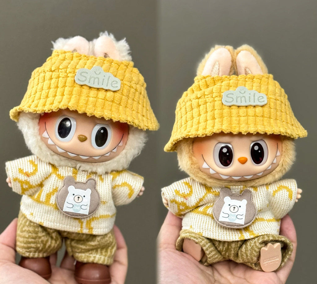 Labubu Clothing – Sunny Yellow Knit Smile Set with Bucket Hat & Corduroy Shorts